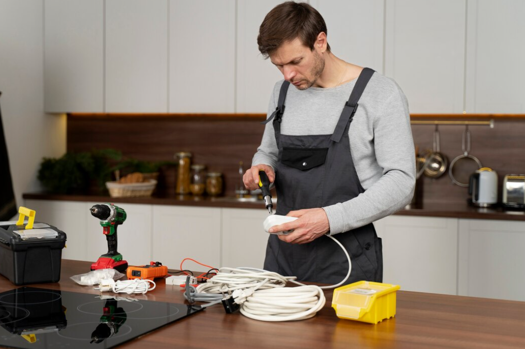 A man wearing an apron stands in a kitchen, examining an electrical component, with tools and wires spread out on the counter
