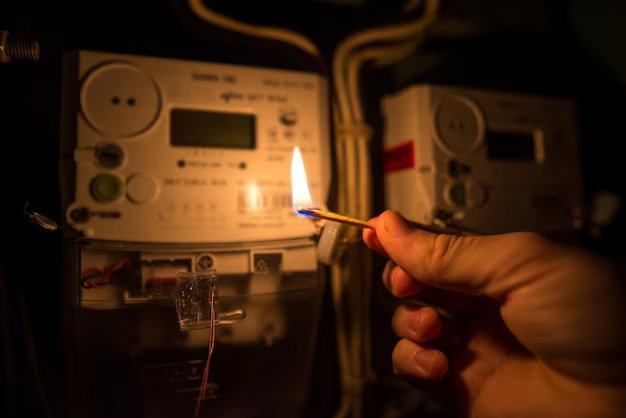 A man's hand in complete darkness holds a burning match against the background of an electrical panel