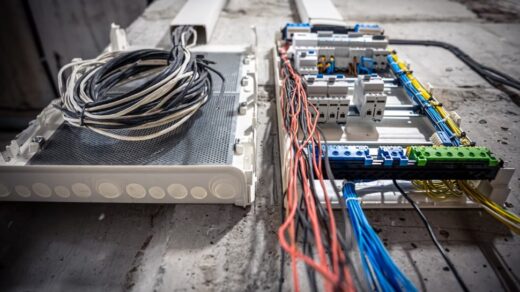 a switchboard with many switches and fiber optic cables