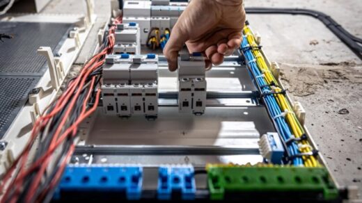 an electrician works in a switchboard with electrical connecting cables