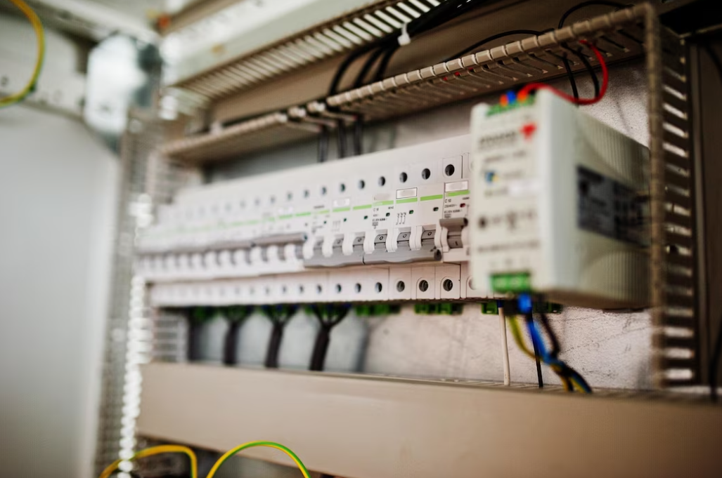 A detailed view of a modern electrical distribution board with various switches and wiring connections