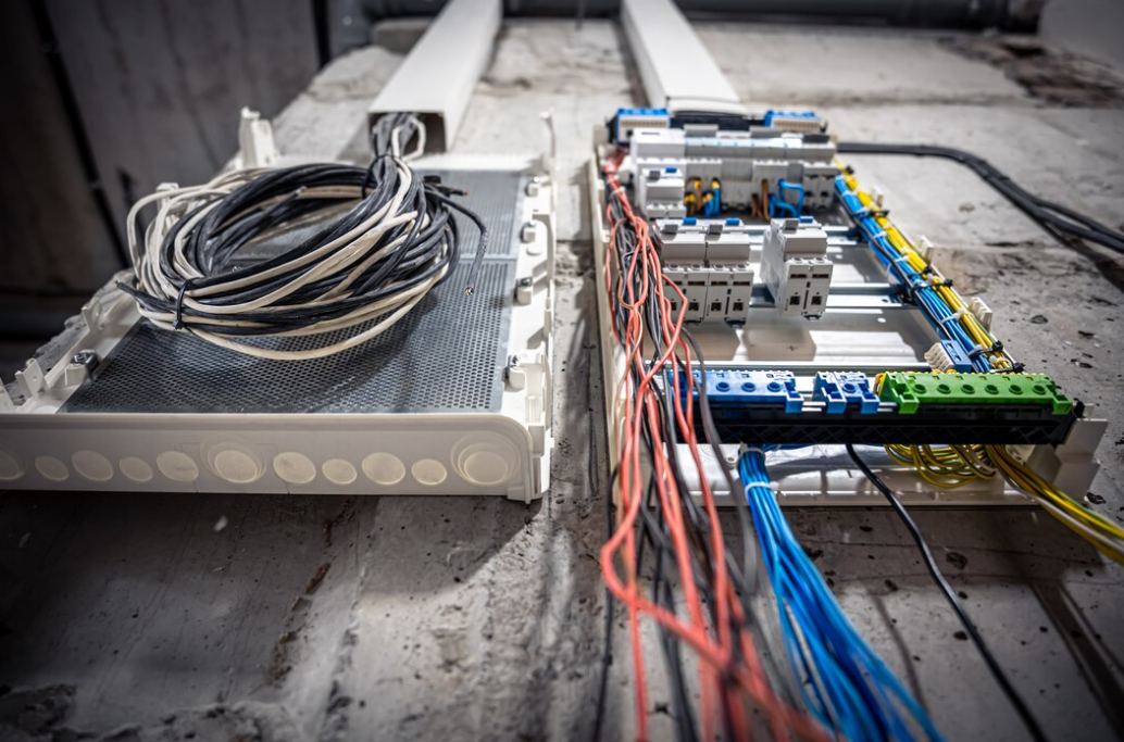 a button view of switchboard with many switches and fiber optic cables on the wall