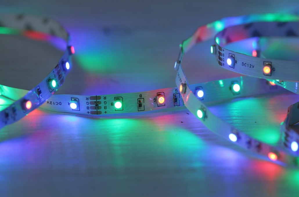 red, green, and blue led lights on the white floor